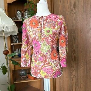 Talbots Pink Orange Yellow Paisley Floral Tie-Neck Blouse